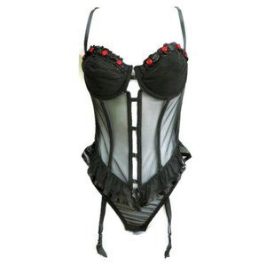 Vintage 90s Victoria's Secret Lingerie Teddy Underwire Black Garter Rosettes 34C